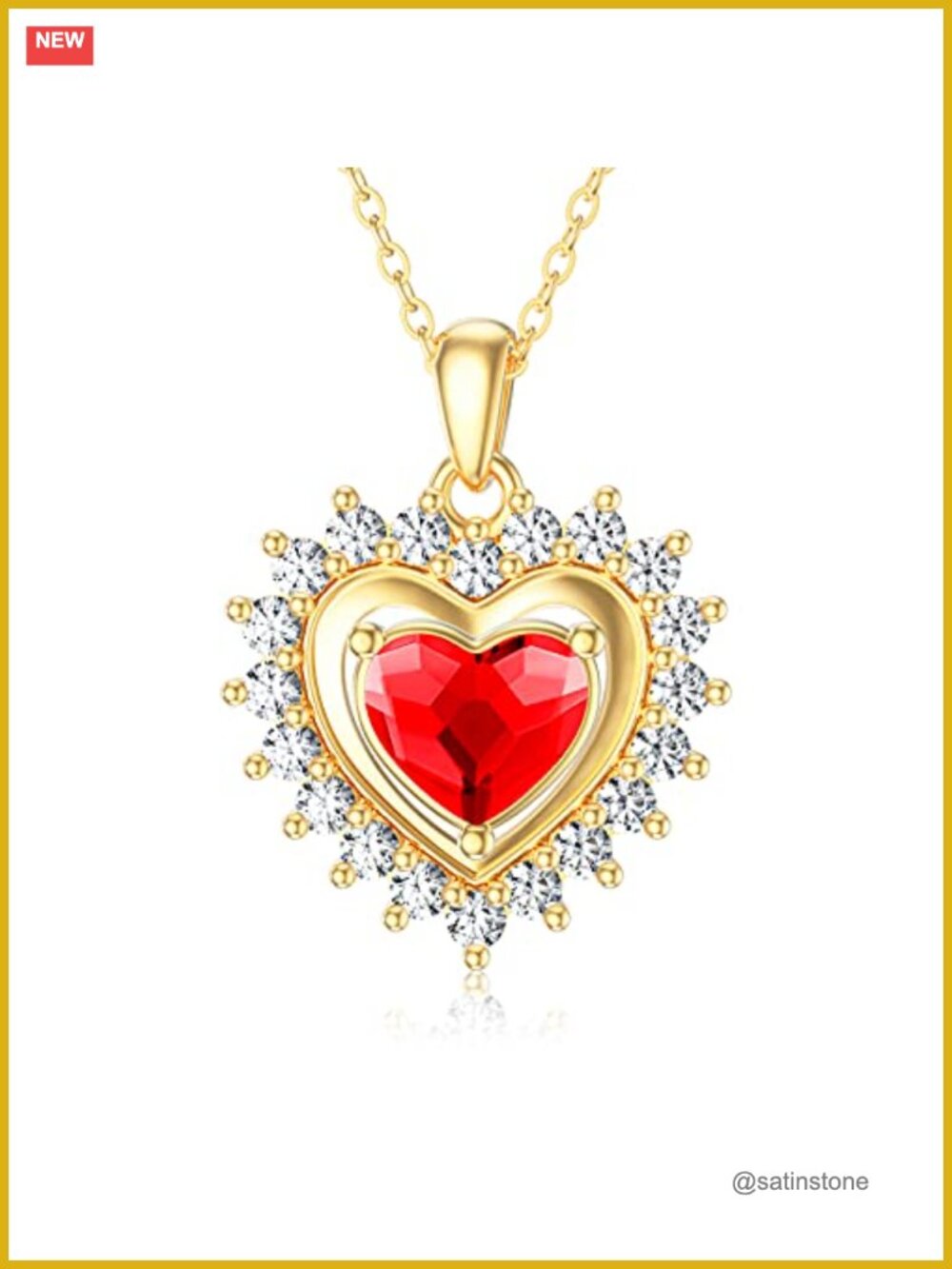 Solid 14K Gold Heart Pendant Necklace with Crystal for Women